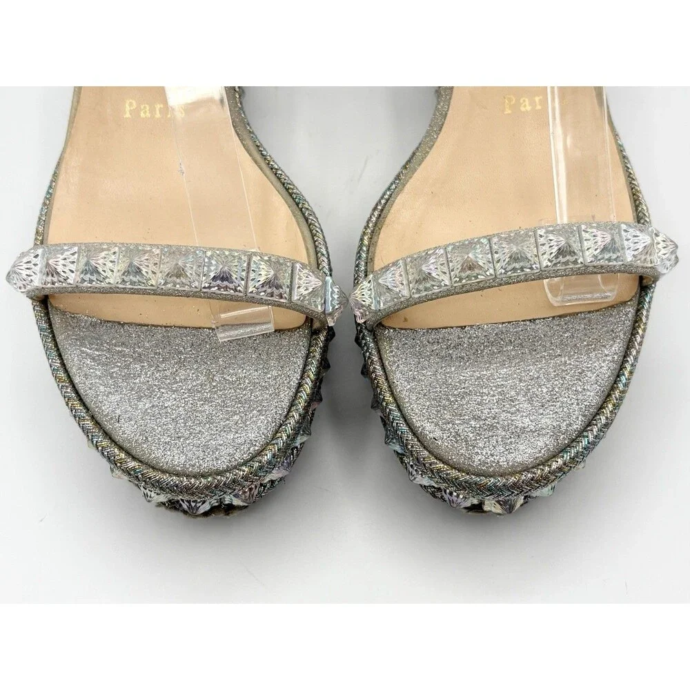 Christian Louboutin Cataclou 60 Silver Glitter Platform Sandals Wedges Sz EU 37